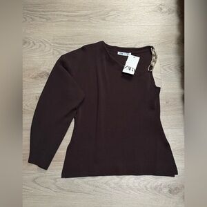 Zara Chain-Detail One-Shoulder Knit Top - Brown